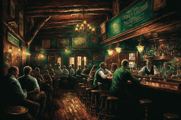 A bustling Irish pub, filled with jovial patrons raising their glasses in celebration. intricate details of wooden bar and stools. perfect for anyone who loves lively spirit of St. Patrick's Day. Ai