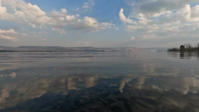 Reflection of clouds on the Sea of Galilee in northern Israel