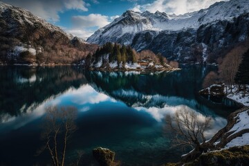 Piano lake, in Stunning Alpine Lake, in Menaggio, Como, Italy, on March 23, 2022. Generative AI