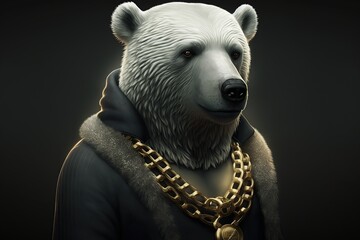 Portrait of a Polar bear dressed in a gangster suit, generative ai	