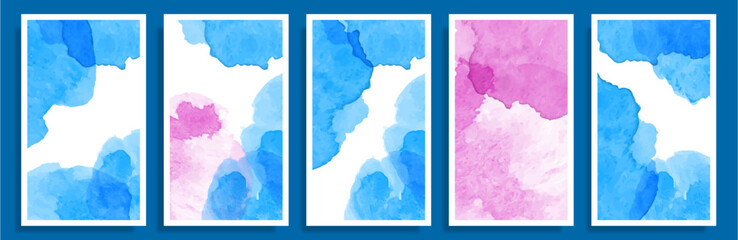 Blue and pink watercolor abstract background concept set for art, banner. Color splashing hand drawn vector.