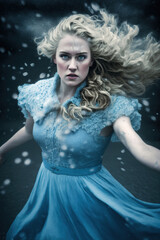 A beautiful young blonde woman dances in winter in a blue dress. Generative AI.