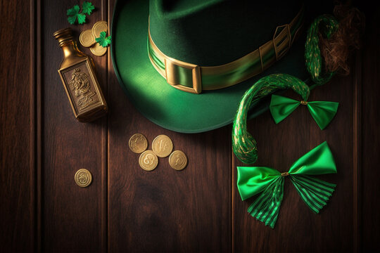Celebrate St. Patrick's Day with this festive image featuring a leprechaun's green hat, bow tie, smoking pipe, and gold coins, all set against a wooden background. Luck of the Irish in style!. Ai