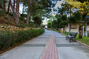 Beautiful landscaped alley among greenery and private houses.,