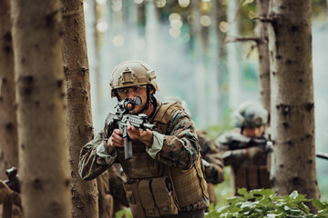 Fototapeta premium A group of modern warfare soldiers is fighting a war in dangerous remote forest areas. A group of soldiers is fighting on the enemy line with modern weapons. The concept of warfare and military