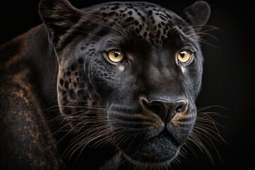 Shot in close up against a black background, featuring a black panther. Generative AI