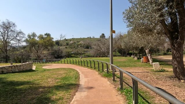 Walking on the paths against a background of clear skies, Ein Hamad Nature Reserve in the Jerusalem Mountains - Israel