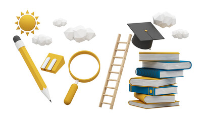  back to school concept and degree achievements from education. Minimal background for online education concept. Book with graduation hat on color pastel background. 3d rendering illustration. - 580291998