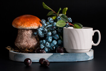 blueberries in a plate on a black background. Summer still life with porcini mushroom and berries