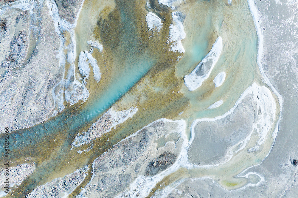 Wall mural drone view of the azure river in the glacier valley. view of the moraines. landscape from the air. r