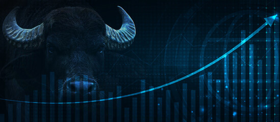 Financial chart with uptrend line graph arrow and portrait of a bull in stock market on blue color background