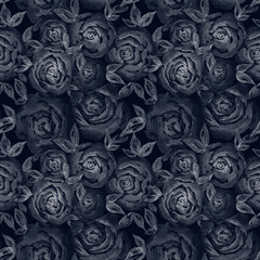 Watercolor hand drawn beautiful white graphic roses on dark blue background.Aquarelle floral backdrop as vintage pattern for web design, printing cards, invitations, fabric and wrapping paper