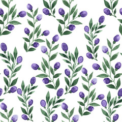 Hand drawn seamless endless watercolor floral pattern with small twigs with violet purple buds and burgeons on white background.Aquarelle backdrop as design element for printing