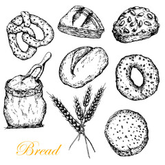 Bread Set. Whole . Cereal buns. Brenzel. Bag of flour. Bread ears.Vector hand drawn illustration in graphic style. Black and white sketch. Isolated on white .Design for packaging, labels 