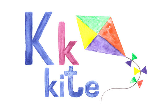 Aquarelle letter K for written word "kite", pictured book, card for education.Watercolor hand drawn illustrated painted kids alphabet of english language.Isolated