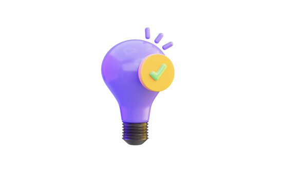 lightbulb icon with check mark on white background 3d render concept for successful invention