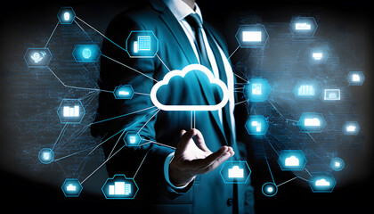 Businessmen touch on the cloud computing diagram shown on hand. Cloud technology. Data storage, data transfer, Networking, internet service concept, technology internet storage network. Generative Ai