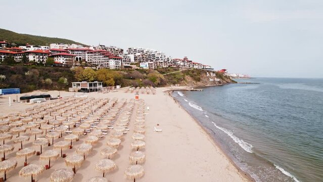 Luxury Resort Steady Seagulls Drone Beach Umbrellas Hotels Cliff Saint Vlas Drone Aerial Black Sea Off Season Bulgaria Europe