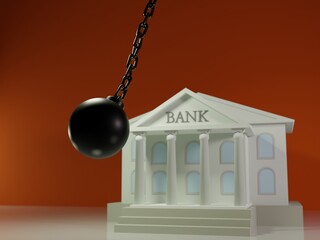 Bank collapse or money liquidity crisis. Wrecking ball smashing bank after failing to raise capital. Conceptual 3d rendering illustration with empty space for copy paste text.
