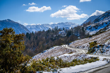 Snow covered mountains in the Lake District, looking towards Borrowdale.