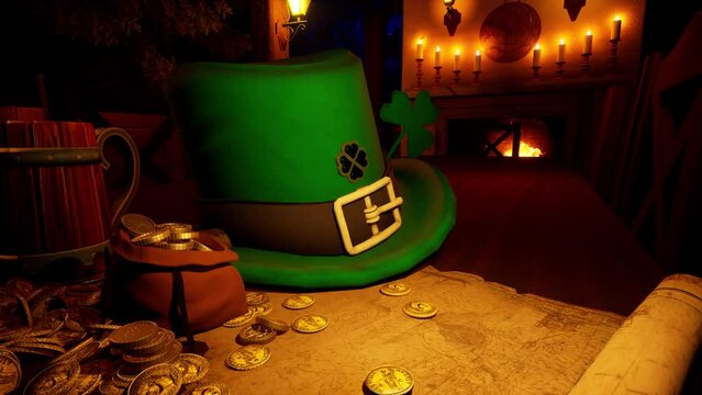 A green leprechaun hat lying on a treasure map in an old pub against a burning fireplace and a pint of beer. The concept of the holiday of St. Patrick's Day, wish fulfillment, wealth and good luck.