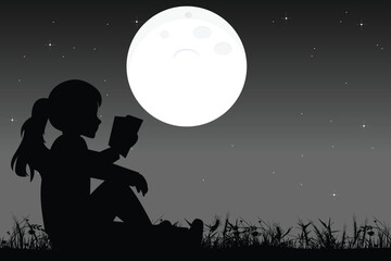 cute girl and moon silhouette landscape