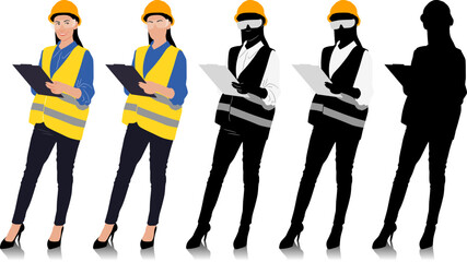 Female construction worker holding a clipboard wearing helmet and vest. Different color options. Hand-drawn vector illustration isolated on white. Full length view	