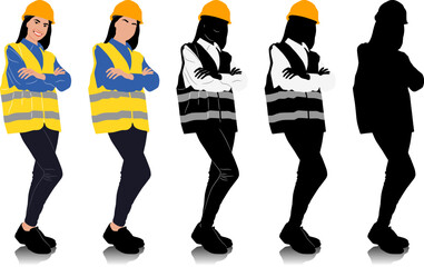 Female construction worker with crossed hands wearing helmet and vest. Different color options. Hand-drawn vector illustration isolated on white. Full length view	