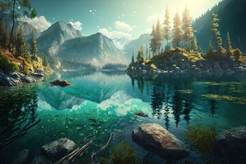 Marvelous lake panorama shot 4K. Generative AI