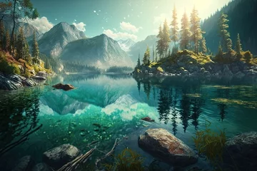 Fototapeten Marvelous lake panorama shot 4K. Generative AI © AkuAku