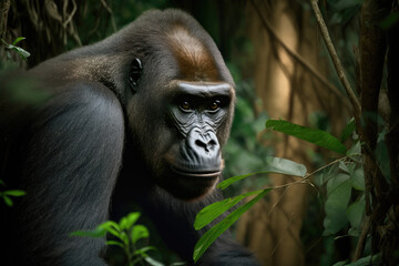 Obraz premium Illustration of a Congo lowland gorilla in the jungle. Wildlife in the African rainforest.