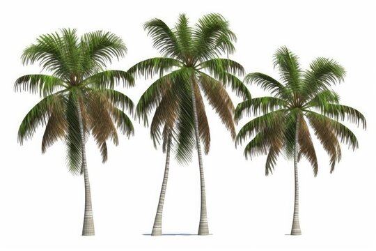 Isolated on a white background are three coconut palm trees. Generative AI