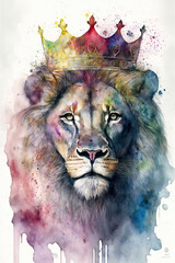 Lion wearing crown, Psychedelic Illustration. Generative AI