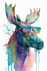 Moose wearing sunglasses, Psychedelic Illustration. Generative AI