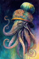 Octopus wearing Hat, Psychedelic Illustration. Generative AI