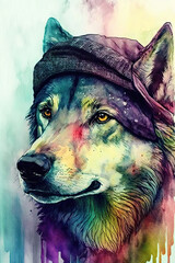 Wolf wearing Beret, Psychedelic Illustration. Generative AI
