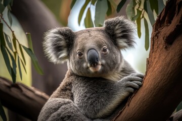 Fototapeta premium joyful contented coala sitting in a tree and taking it easy. Generative AI