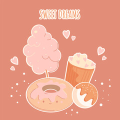 Vector illustration for postcard, sweet dreams message. With donut, cotton candy, cupcake, ice cream. Funny cute print