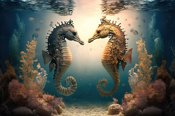 Beautiful scene with two seahorses, generative AI - obrazy, fototapety, plakaty