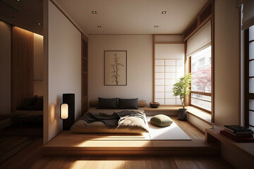 Fototapeta na wymiar Interior Design for Small Condos White and wood minimalist Japanese bedroom and couch area, generative AI