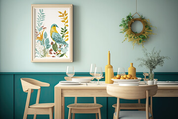 Mockup of a frame in a Scandinavian dining room made of wood, with a simple, colorful background., generative AI