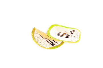 Thai crispy pancake (Kanom Buang) with Chocolate Sauce on white background, Local dessert, Thai traditional dessert, Street Food, Kind of Thai sweetmeat.