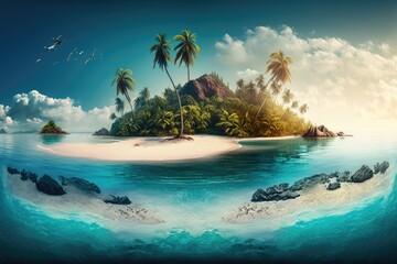 oceanic panorama with palm trees and a tropical beach on a tropical island. Generative AI