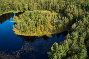 Aerial view of a picturesque landscape with a peat lake and a small island surrounded by green...