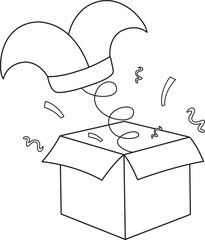 vector illustration of a surprise box, april fools day, clown hat, doodle and sketch