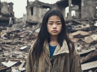 Asian girl is standing among the ruins of house. Generative AI