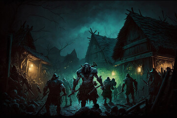 fantasy orcs | A band of orcs raiding a human village at night.  the chaos and destruction. The style is gritty and realistic, with a focus on the orcs' savage features and the destruction. Ai