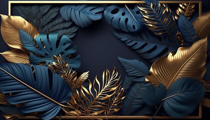 Beautiful luxury dark blue textured 3D background frame with golden and blue tropical leaves
