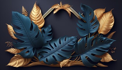 Beautiful luxury dark blue textured 3D background frame with golden and blue tropical leaves