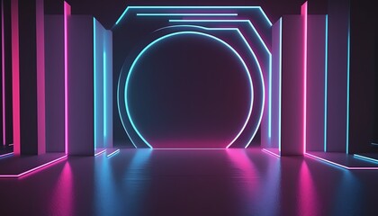 Fototapeta premium 3d rendering, rounded pink blue neon lines, glowing in the dark. Abstract minimalist geometric background. Ultraviolet spectrum. Cyber space. Futuristic wallpaper